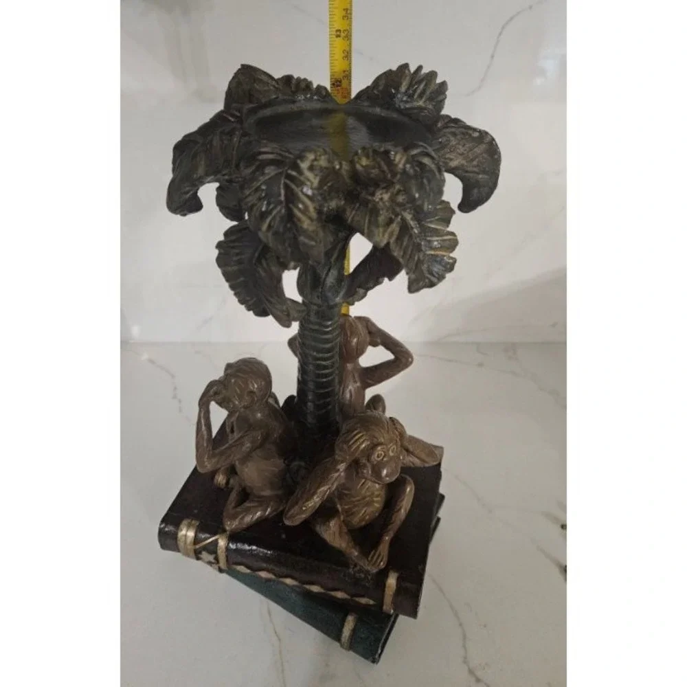Vintage Style Three Wise Monkeys Palm Tree Resin Candle Holder